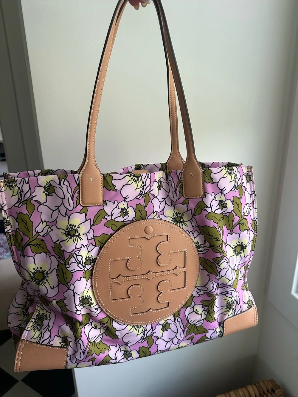 Tory Burch Pink Floral Tote with Tan Leather Accents